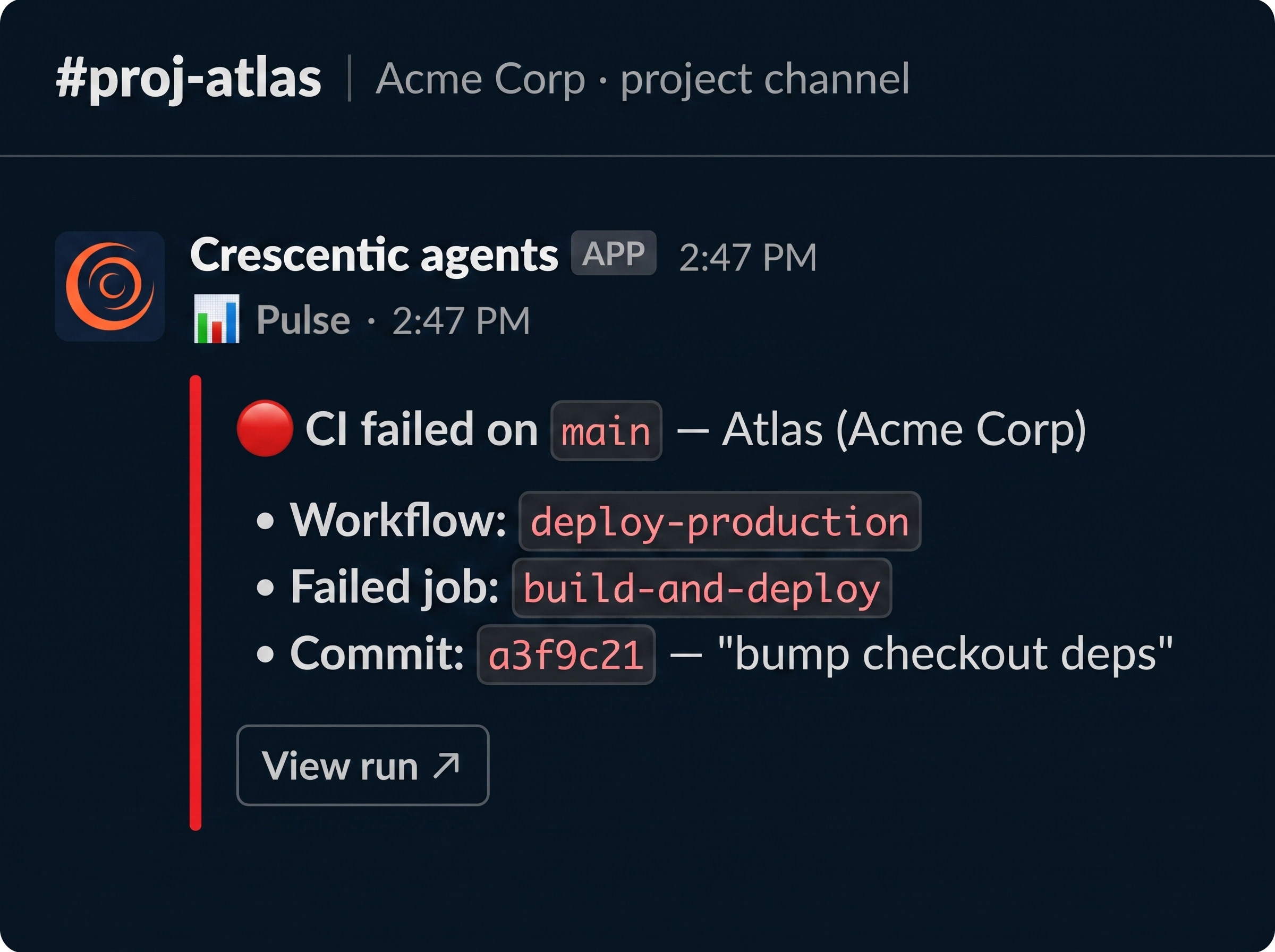 A failure alert from Pulse in a project channel: a red bar, "main is broken", the failed job named in monospace, and a link — posted moments after the build went red