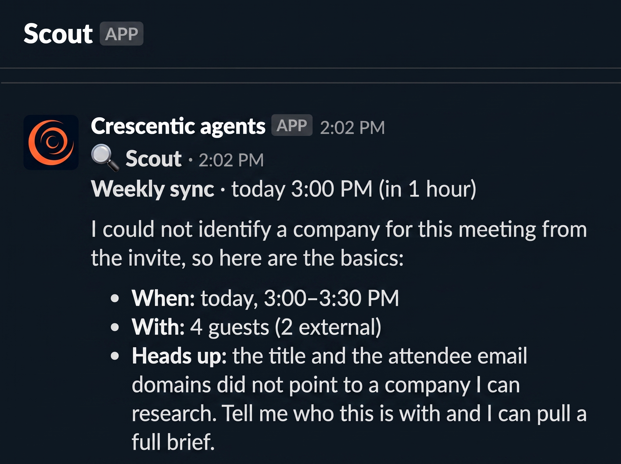 A brief where Scout could not identify the company from the invite, and says so instead of guessing wrong