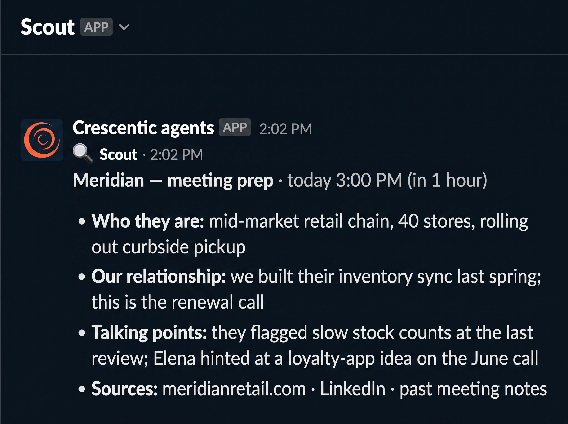 A meeting brief from Scout landing in a DM about an hour before a call: who the company is, our history with them, a few talking points, and linked sources