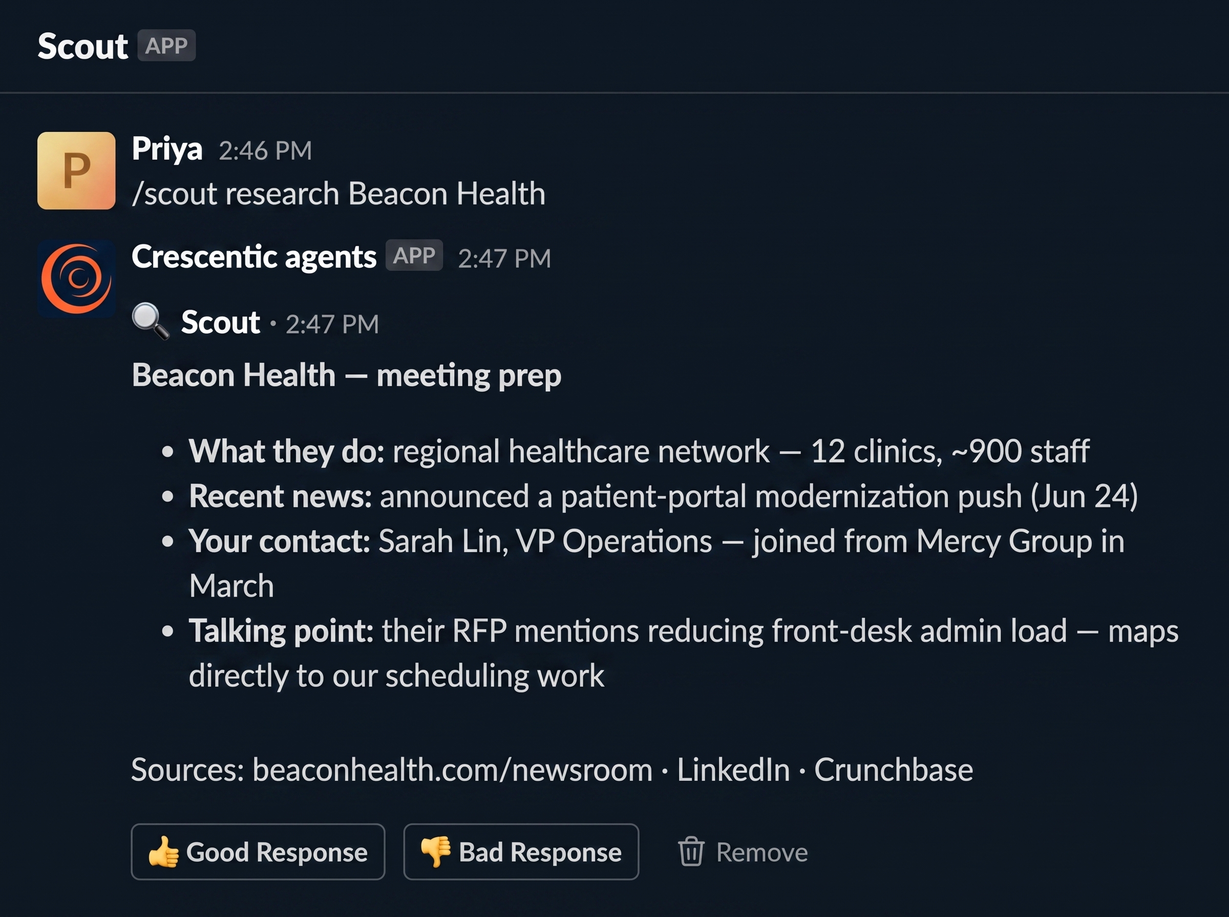 A /scout research reply in Slack: a concise briefing on a company with talking points and linked sources