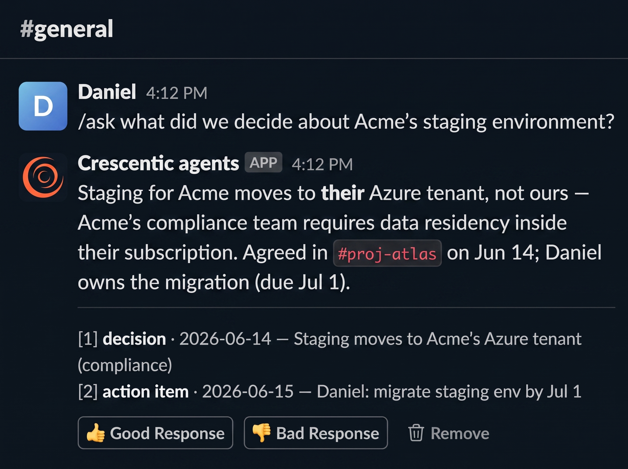 Asking Memo what was decided about a client's staging environment, and getting back the decision, the compliance reasoning, the owner, and numbered citations