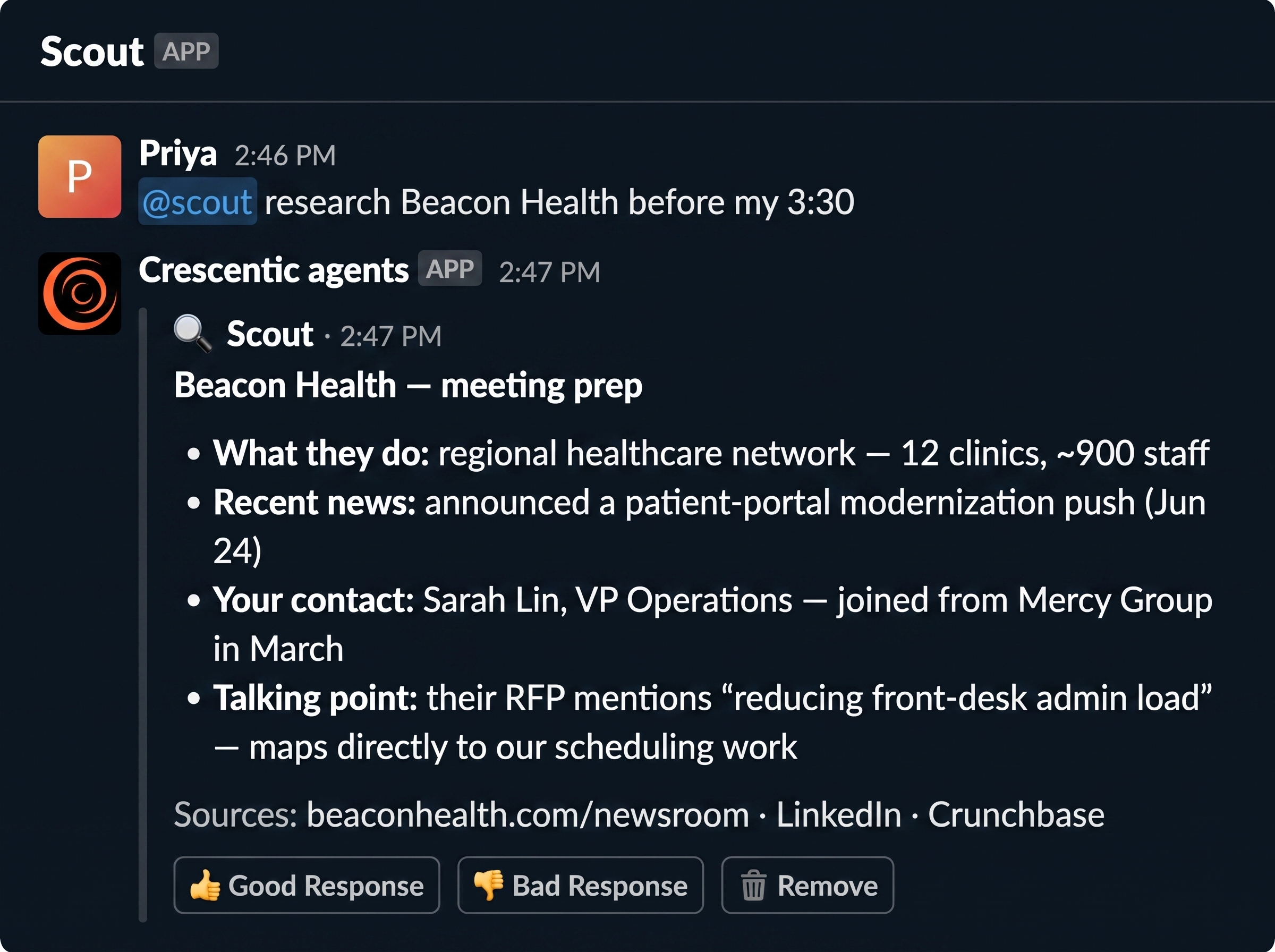Scout replying to a research request with a meeting-prep briefing: company overview, recent news, the contact, a talking point — with sources